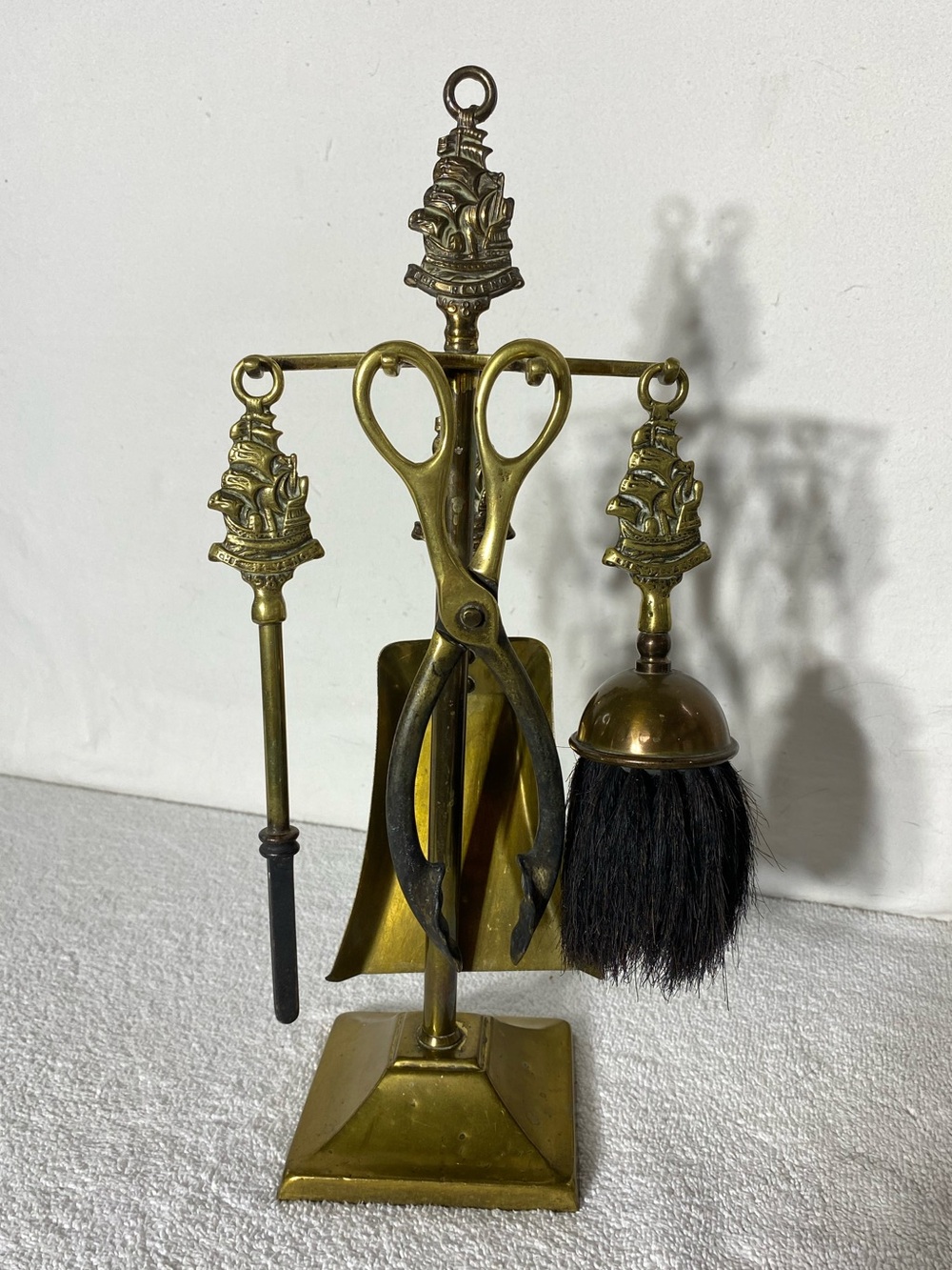 Vintage Table Top Brass Fireplace Tool Companion Set Nautical Clipper Galleon
